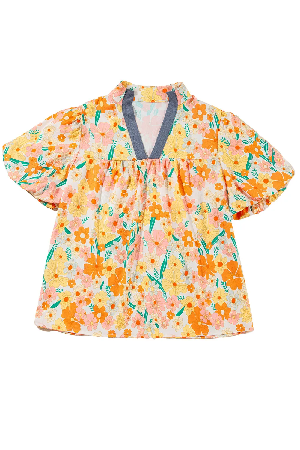 Yellow Multicolor Floral Bubble Sleeve Blouse