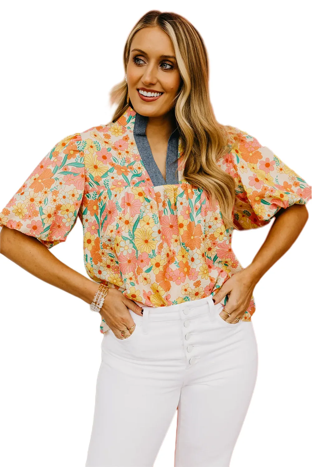 Yellow Multicolor Floral Bubble Sleeve Blouse